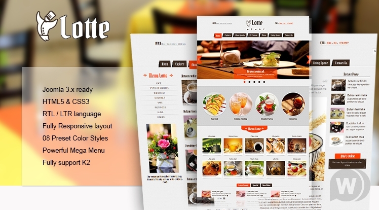 SJ Lotte v3.9.6 - шаблон Joomla для ресторана, отеля или туризма